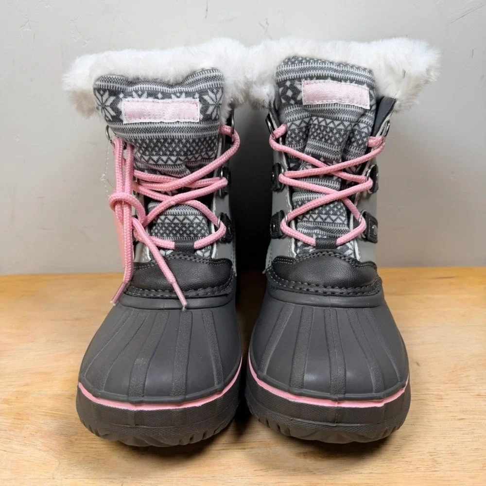 London Fog Tottenham Winter Boots Girls 3 Gray Pink Fair Isle Faux Fur Snow NEW